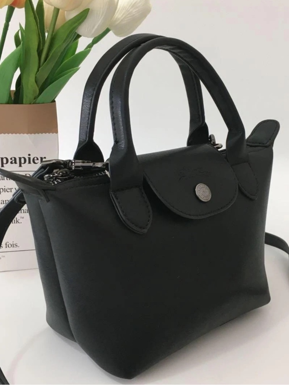 NWOT Longchamp Le Pliage  Mini Top-Handle Crossbody Black/Silver Hardware - Picture 6 of 15